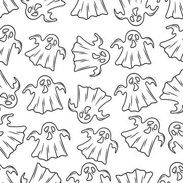 Hand Drawn Doodle Ghost Seamless Pattern Line Art. Spooky Halloween Textile.. 스톡 일러스트