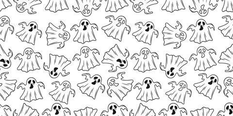 Hand Drawn Doodle Ghost Seamless Pattern Line Art. Spooky Halloween Textile.. Illustrazione stock