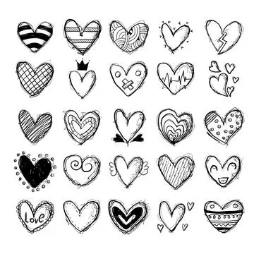 Hand-Drawn Doodle Heart Set Sketch Style Icons 스톡 일러스트
