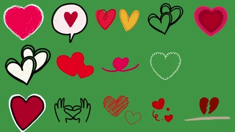 Hand-Drawn Doodle Hearts 2D Animation on Green Screen | Cute Love Overlay Effect Видео 329401174