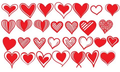 Hand drawn doodle Hearts shape red set seamless pattern heart on white Abst.. Stock Illustration