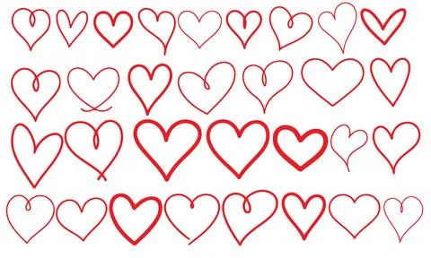 Hand drawn doodle Hearts shape red set seamless pattern heart on white Abst.. Illustrazione stock