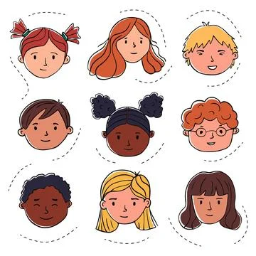 Hand drawn doodle human faces. Color portraits of boys and girls Stock Illustration