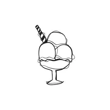 Hand Drawn Doodle Ice Cream Sundae Glass Bowl Three Scoops Outline Black Wh.. Stock Illustration