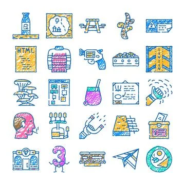 Hand drawn doodle icon collection illustrating diverse concepts 스톡 일러스트