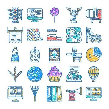 Hand drawn doodle icon collection representing business concepts 스톡 일러스트