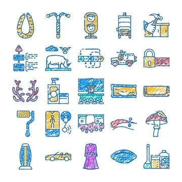 Hand drawn doodle icon collection sketching diverse concepts Stock Illustration