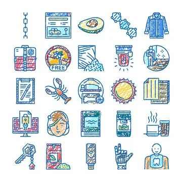Hand drawn doodle icon collection diverse set Stock Illustration