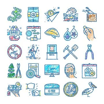 Hand drawn doodle icon collection representing diverse concepts Stock Illustration