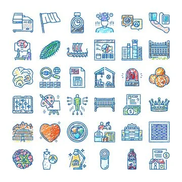 Hand drawn doodle icon collection representing diverse concepts 스톡 일러스트