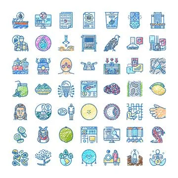 Hand drawn doodle icon collection representing various concepts Stock Illustration