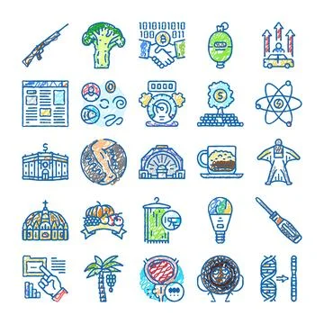 Hand drawn doodle icon collection representing diverse concepts Ilustración de archivo