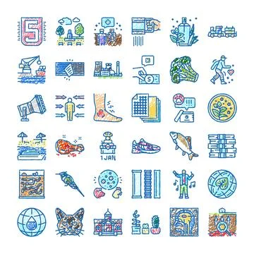 Hand drawn doodle icon collection illustrating many concepts Ilustración de archivo