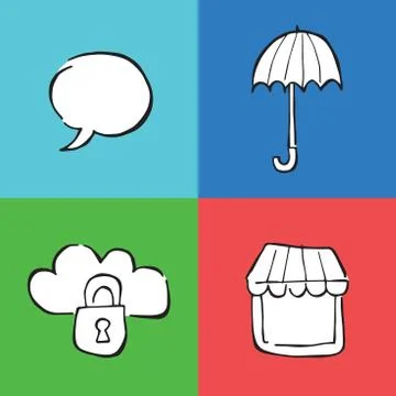 Hand drawn doodle icon objects. Speech bubble, umbrella, locked cloud and sho 스톡 일러스트