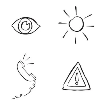 Hand drawn doodle icon objects. Eye, sun, calling phone and danger. Black out Stock Illustration