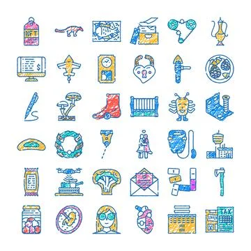Hand drawn doodle icon set illustrating various concepts Ilustración de archivo