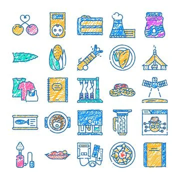 Hand drawn doodle icon set offering various objects and concepts Stock Illustration