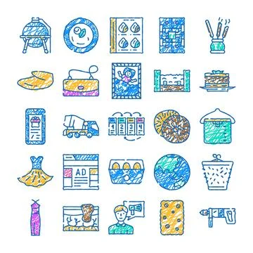 Hand drawn doodle icon set representing various concepts Ilustración de archivo