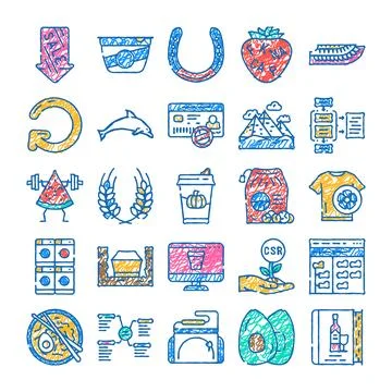 Hand drawn doodle icon set depicting various concepts Stock Illustration