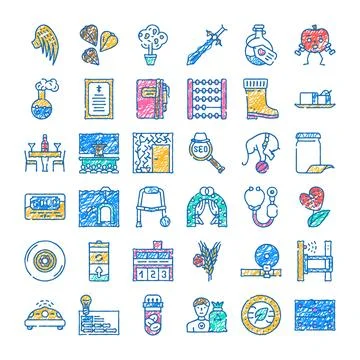 Hand drawn doodle icon set with various concepts Stock Illustration