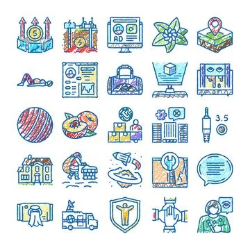 Hand drawn doodle icon set representing various concepts Ilustración de archivo