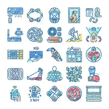 Hand drawn doodle icon set illustrating various concepts Ilustración de archivo