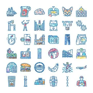 Hand drawn doodle icon set illustrating various concepts Ilustración de archivo
