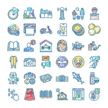 Hand drawn doodle icon set illustrating various concepts Ilustración de archivo