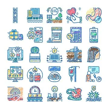 Hand drawn doodle icon set depicting various concepts Stock Illustration