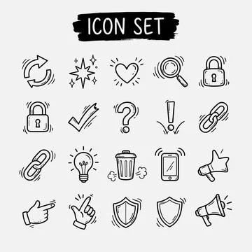 Hand drawn doodle icon set with refresh arrows, starburst, heart, magnifyin.. Stock Illustration