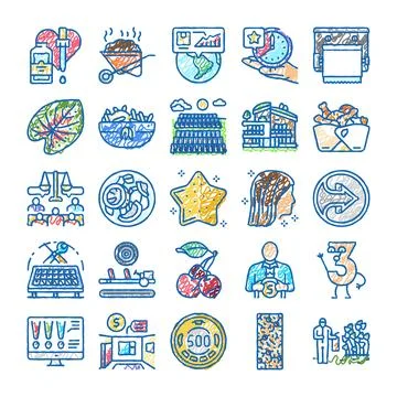 Hand drawn doodle icons expressing diverse concepts Ilustración de archivo