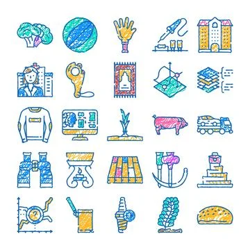 Hand drawn doodle icons representing a diverse collection of concepts Ilustración de archivo