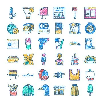 Hand drawn doodle icons representing various topics and objects Stock Illustration