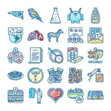 Hand drawn doodle icons representing diverse concepts and themes Stock Illustration