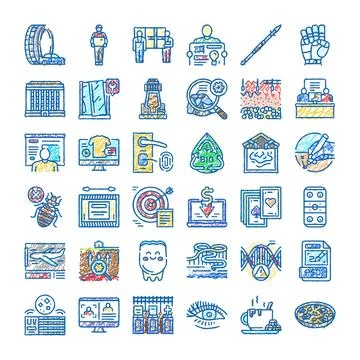 Hand drawn doodle icons representing various concepts illustration Stock Illustration