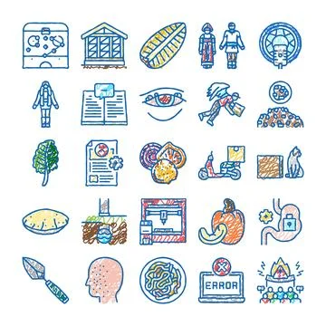 Hand drawn doodle icons representing diverse topics 库存插图