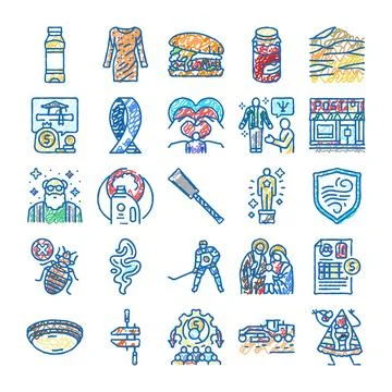 Hand drawn doodle icons representing various concepts illustration Stock Illustration