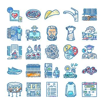 Hand drawn doodle icons representing a diverse lifestyle collection Ilustración de archivo
