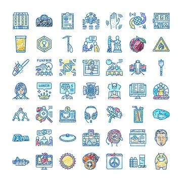Hand drawn doodle icons representing various themes and concepts Ilustración de archivo