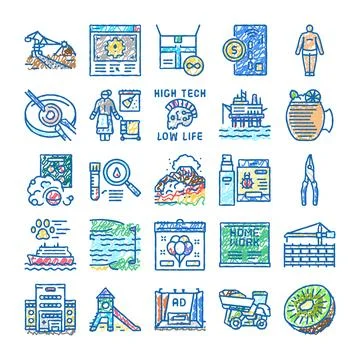 Hand drawn doodle icons representing various daily life concepts Stock Illustration