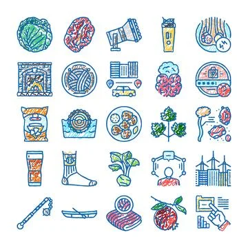 Hand drawn doodle icons representing various concepts illustration Ilustración de archivo