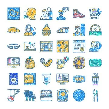 Hand drawn doodle icons for various concepts collection Stock Illustration