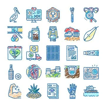 Hand drawn doodle icons for various concepts and industries Stock Illustration