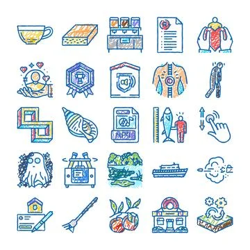 Hand drawn doodle icons for various concepts and symbols Stock Illustration