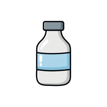 Hand-drawn doodle illustration of a small bottle with a blue label in flat .. Stock Illustration