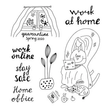 Hand drawn doodle insulation set. Work home, online, stay safe. Girl sitting  Stock Illustration