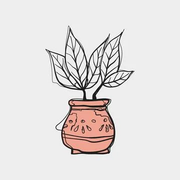 Hand Drawn Doodle Large Leaves Plant in Pink Terracotta Clay Pot Sketch Vecto Stock-Illustration