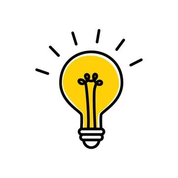 Hand drawn doodle light bulb with shining rays in cartoon flat style, vector Illustrazione stock