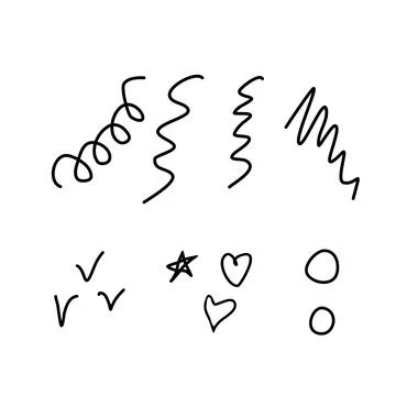 Hand drawn doodle line elements, star, hearts, check marks. Vector scribble.. Stock Illustration