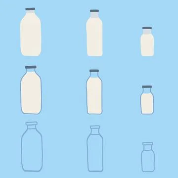Hand drawn doodle line vector illustration set of milk, kefir in different gl Stock Illustration